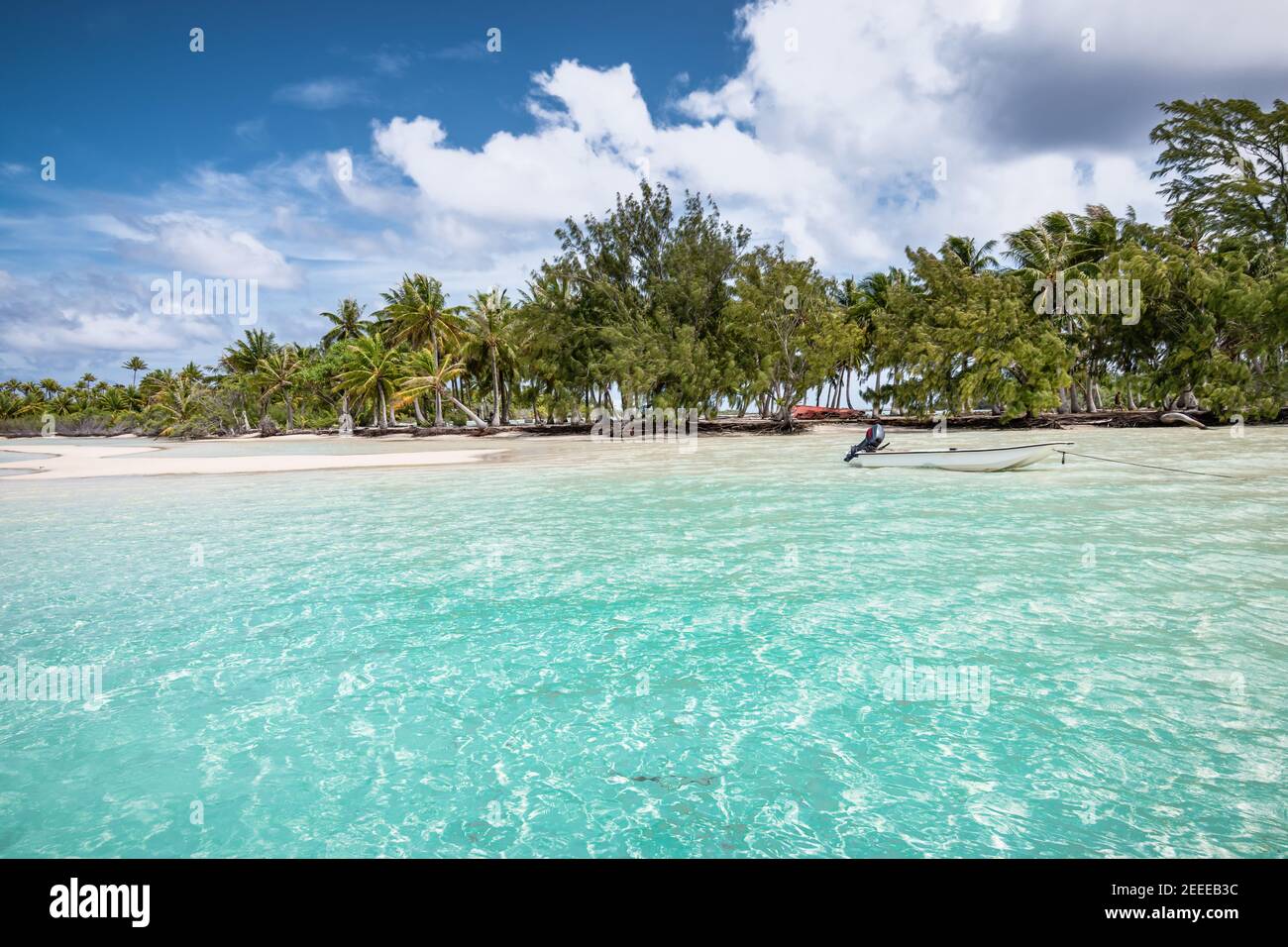 Atoll der Fakarava Insel mit kleinem verankerten Boot am schönen Palmenstrand. Stockfoto