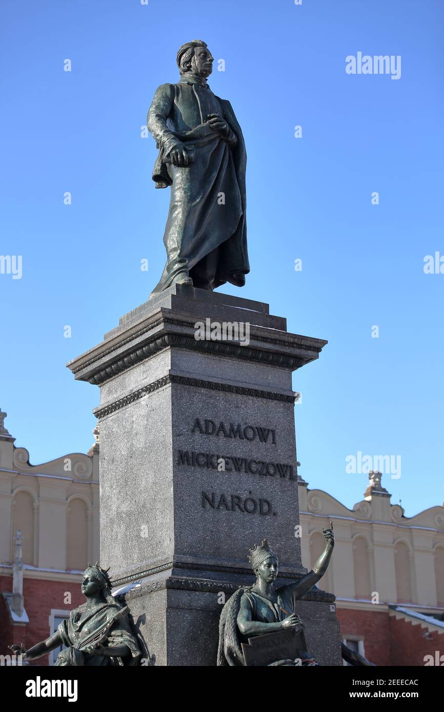 Denkmal Statue des berühmten polnischen romantischen Dichters Adam Mickiewicz, Krakau Stadtzentrum Stockfoto