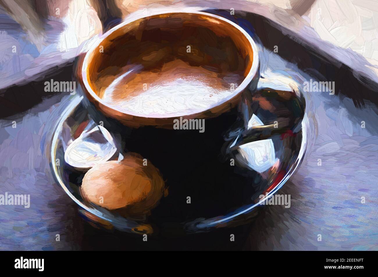 Cappuccino-Kaffee in schwarzer Tasse, digitale Abbildung. Morgen Kaffeetasse mit Cookie. Cafe Ölgemälde drucken. Cappuccino Nahaufnahme mit Milchschaum. Cof Stockfoto