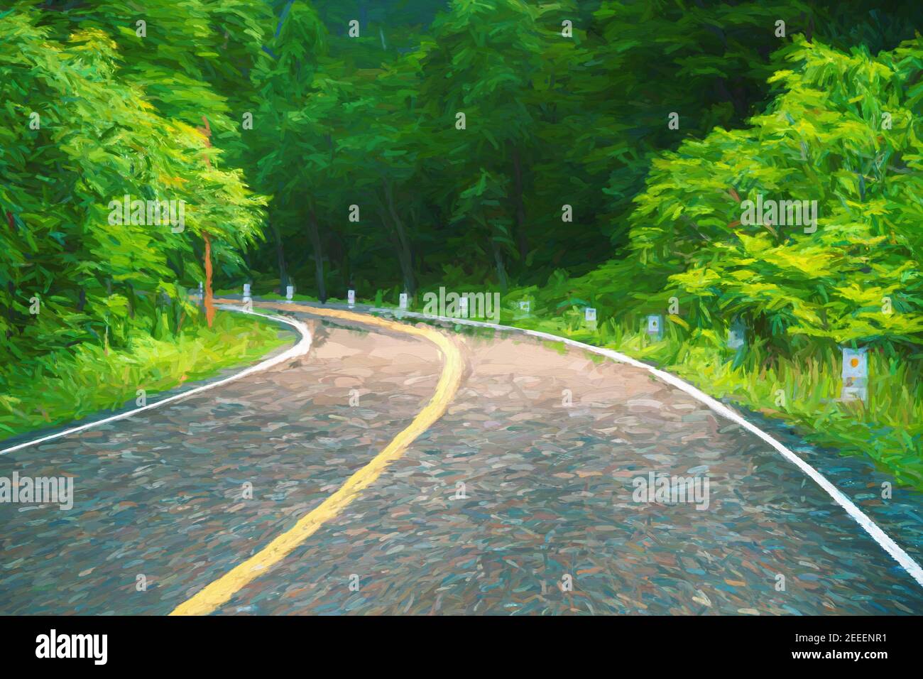 Straße mit Abbiegung auf grünem Hintergrund. Sommer Reise Landschaft verschwommen digitale Illustration. Leerer Highway-Kunstdruck. Sommer Wald und Asphaltstraße. Mod Stockfoto