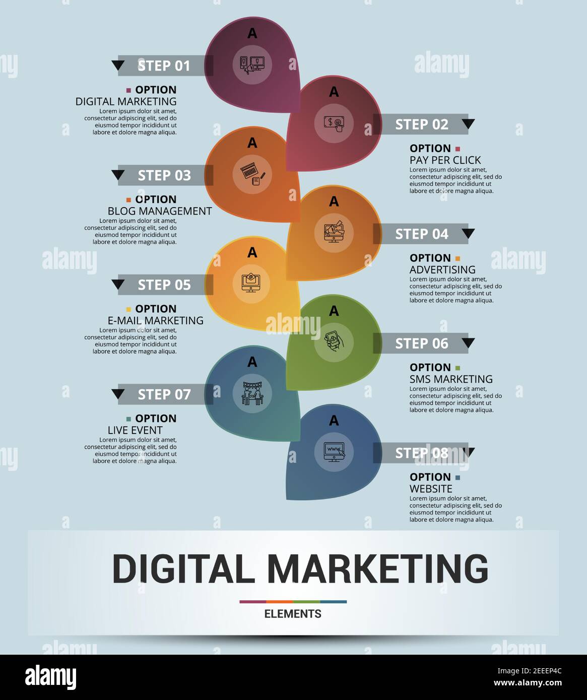 Infografik Digital Marketing Vorlage. Symbole in verschiedenen Farben. Gehören Digital Marketing, Pay per Click, Blog-Management, Werbung und andere. Stock Vektor