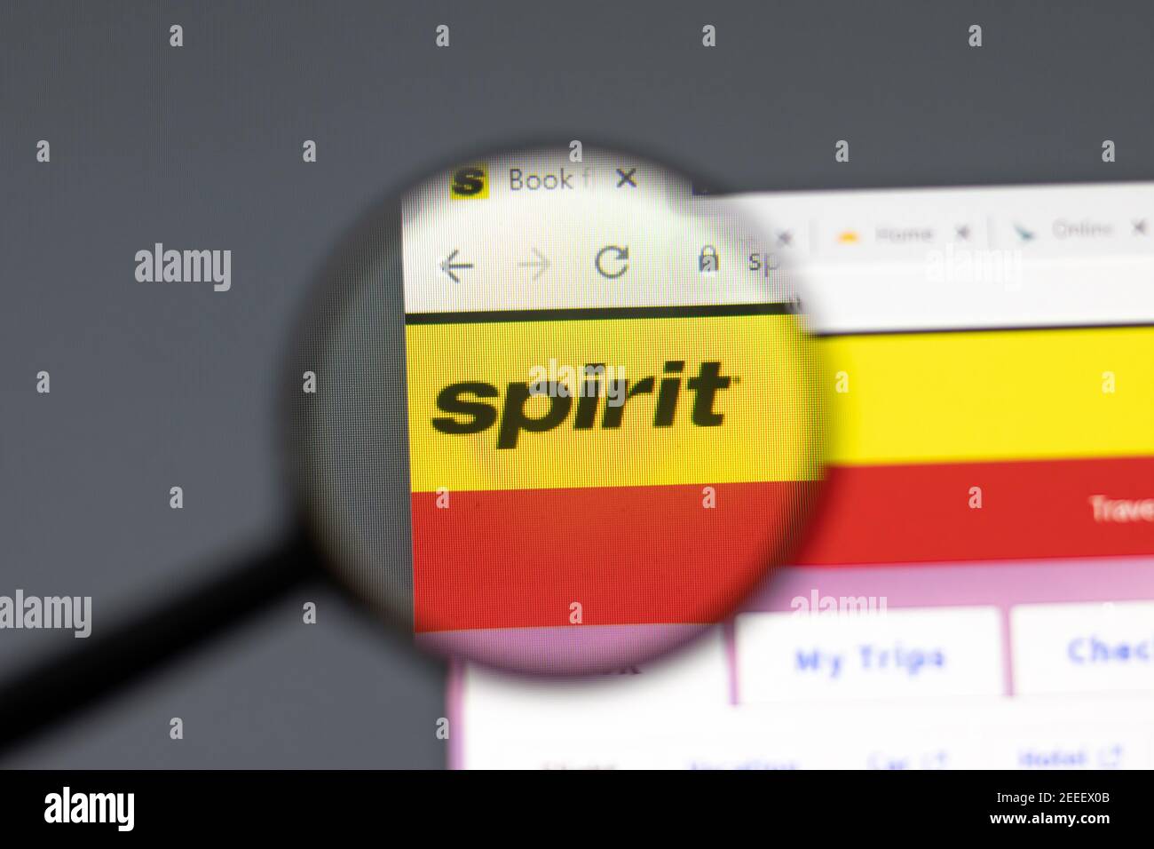 New York, USA - 15. Februar 2021: Spirit Website im Browser mit Firmenlogo, illustrative Editorial Stockfoto