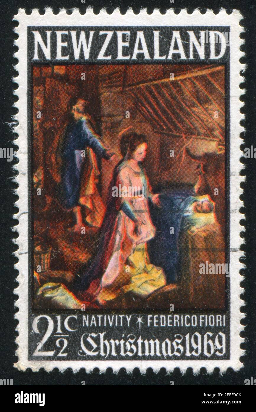 NEUSEELAND - UM 1969: Stempel gedruckt von Neuseeland, zeigt Geburt von Federico Fiori, um 1969 Stockfoto NEUSEELAND - UM 1969: Stempel gedruckt von Neuseeland, zeigt Geburt von Federico Fiori, um 1969 Stockfoto