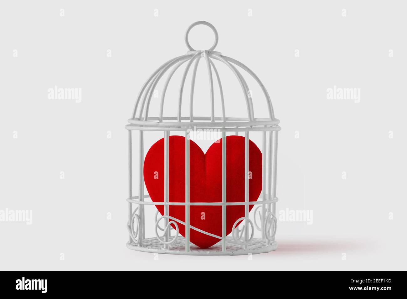 Herz im Vogelkäfig auf weißem Hintergrund - Konzept Liebe und Freiheit Stockfoto