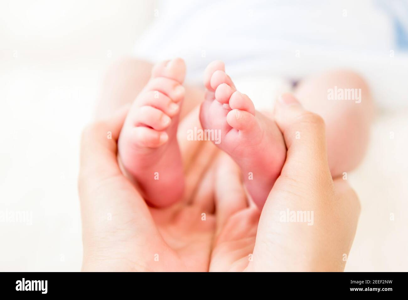 Mutter Hände sanft halten kleine Baby Füße mit Sorgfalt Stockfoto