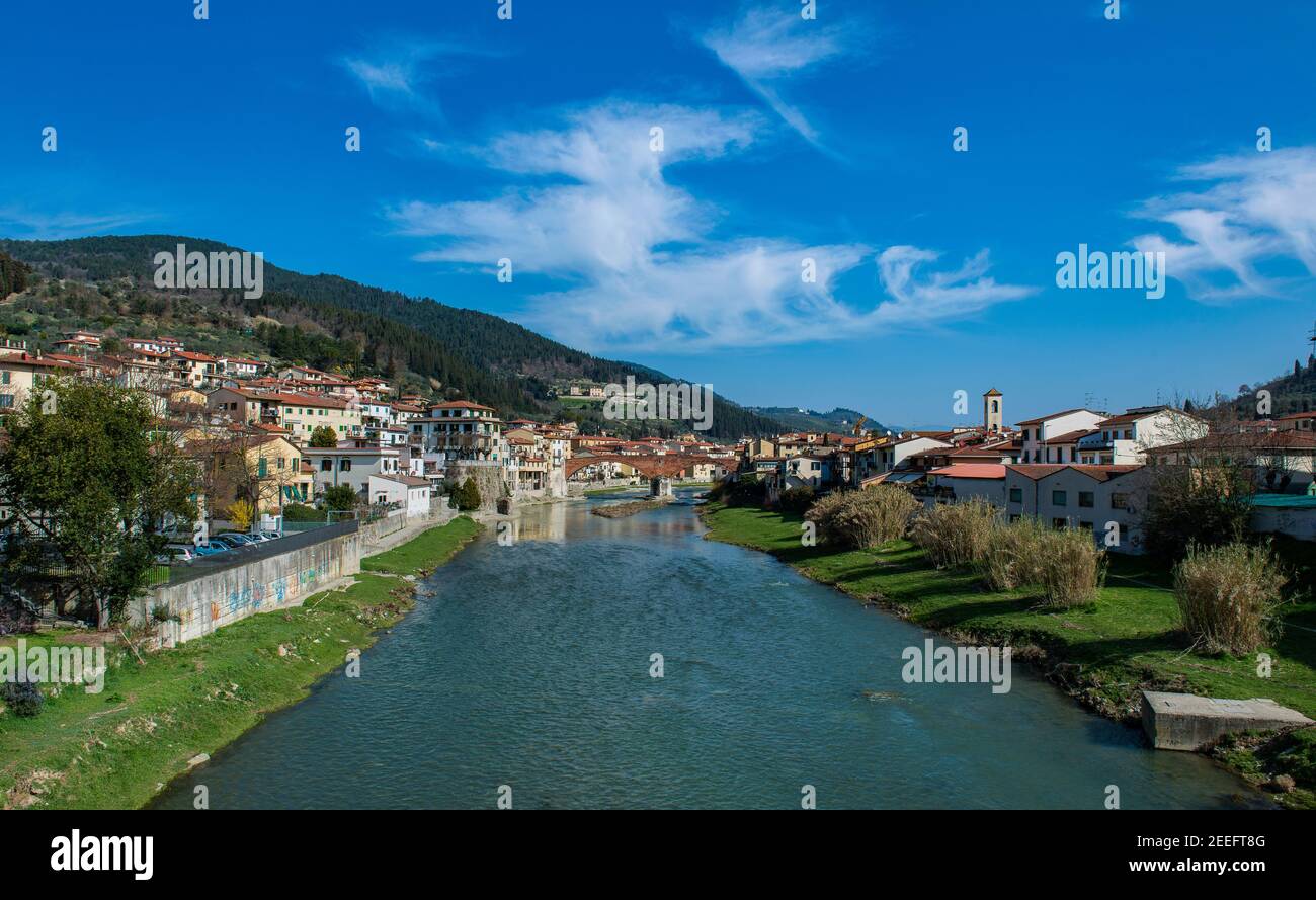 Italien Toskana Pontassieve, Ansicht - im Hintergrund Brücke Mediceo sulla Sieve. Stockfoto