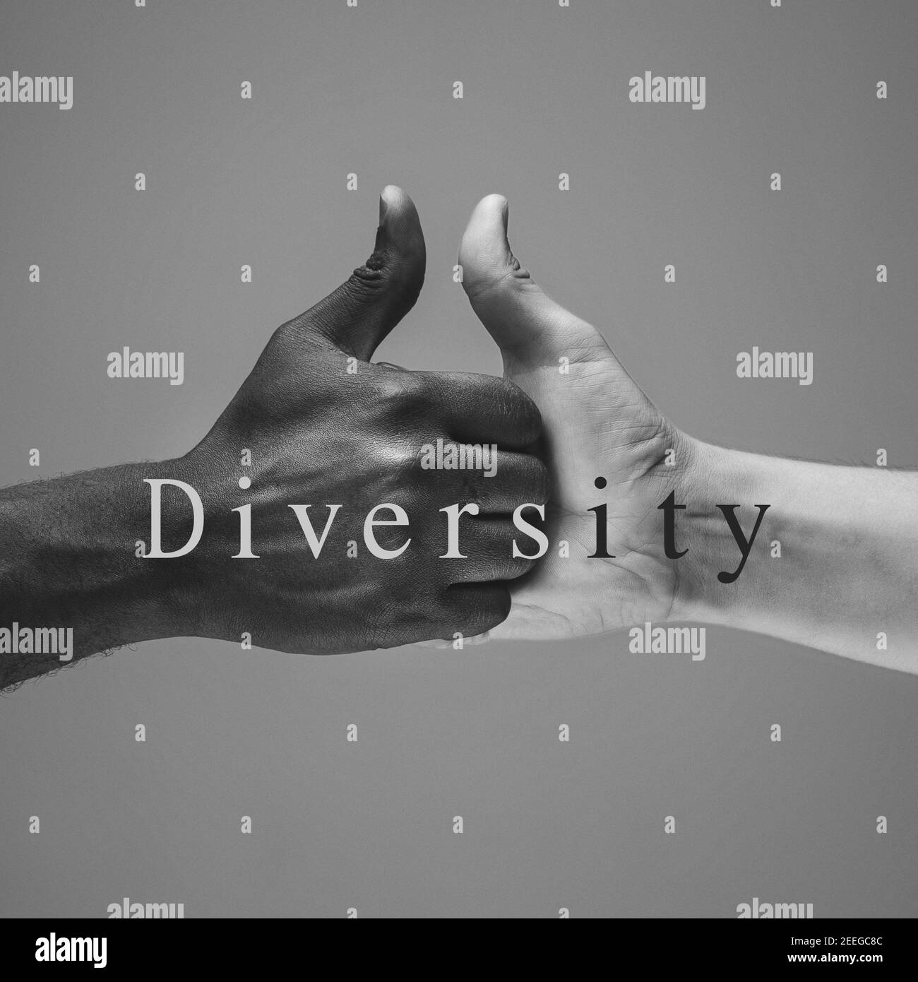 Vielfalt. Afrikanische und kaukasische Hände gestikulieren auf grauem Studiohintergrund. Toleranz und Gleichheit, Einheit, Unterstützung, freundlicherweise Koexistenz zusammen Konzept. Weltweite multirassische Gemeinschaft. Stockfoto