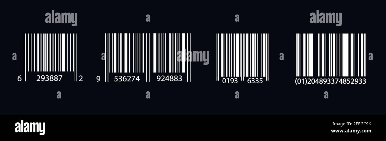 Barcode-Satz. Universal Product Scan Code. Isoliert auf Schwarz Stock Vektor