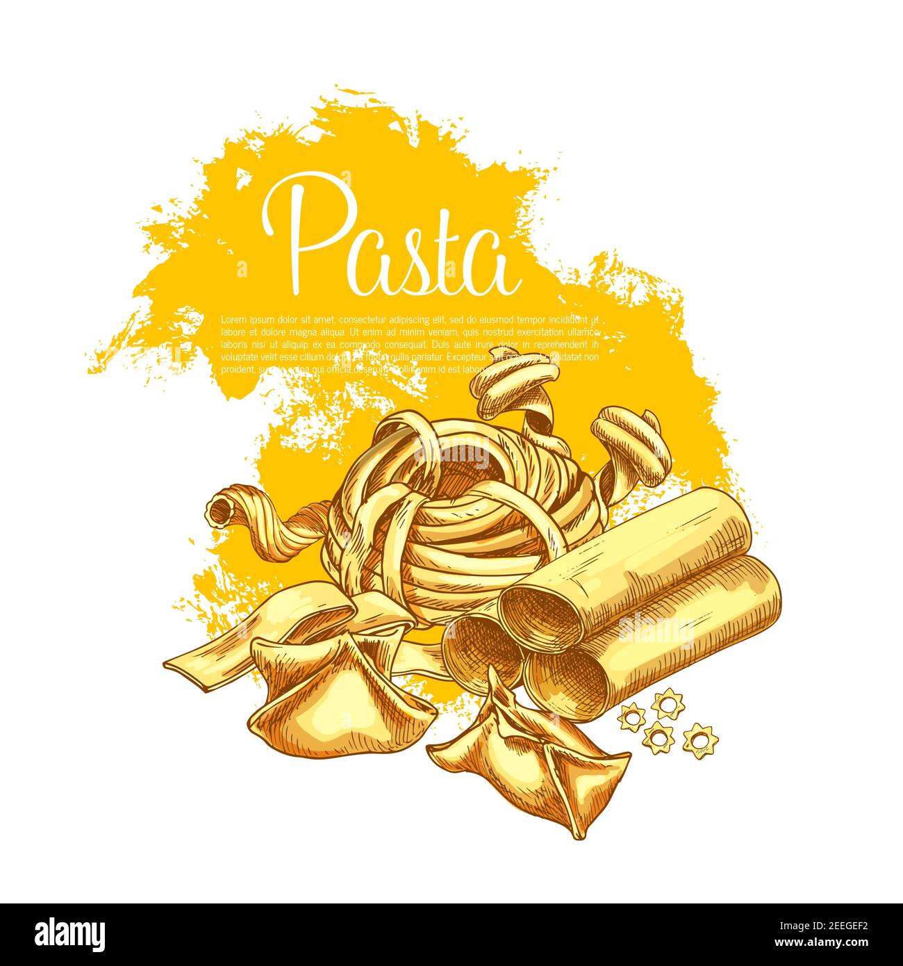 Italienische Pasta-Poster von handgefertigten Tagliatelle, Ravioli oder Spaghetti und Farfalle. Vector Sorten von Durum pappardelle, Fettuccine und Lasagne oder fung Stock Vektor