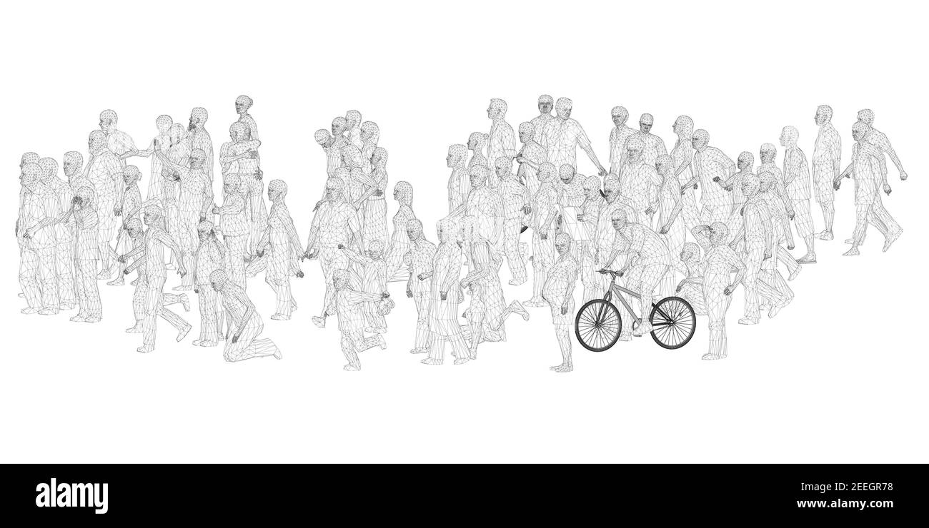 Eine Menge von verschiedenen Menschen in verschiedenen Positionen. Wireframe Figuren von Männern, Frauen, Kindern. 3D. Vektorgrafik. Stock Vektor