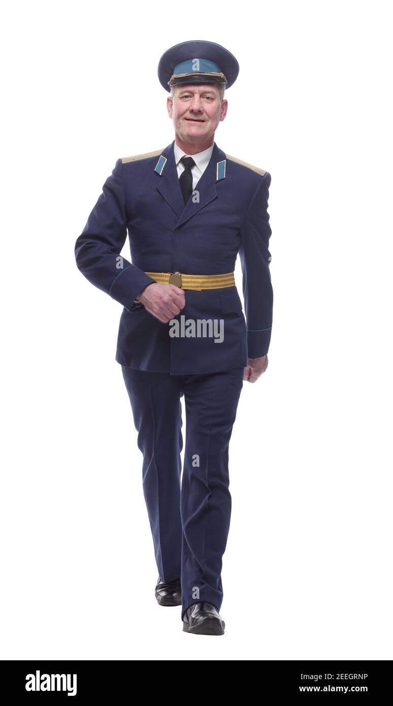 Luftwaffe Offizier Schritt nach vorne. Isoliert auf einem weißen Stockfoto