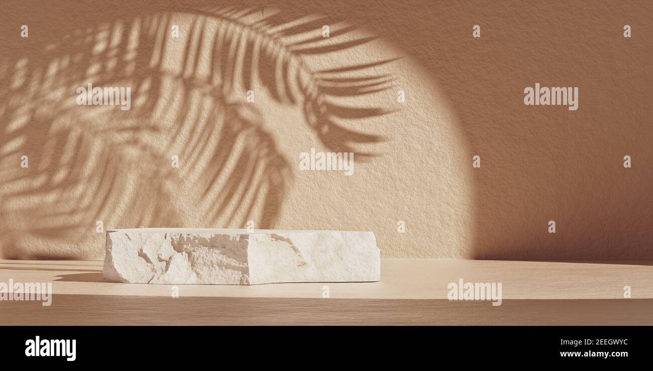 Natürliche minimale Schönheit Stein Podium Kulisse für kosmetische Produkt Display mit Palmen Blätter Schatten. Trendige minimalistische 3D Rendering Illustration. Stockfoto