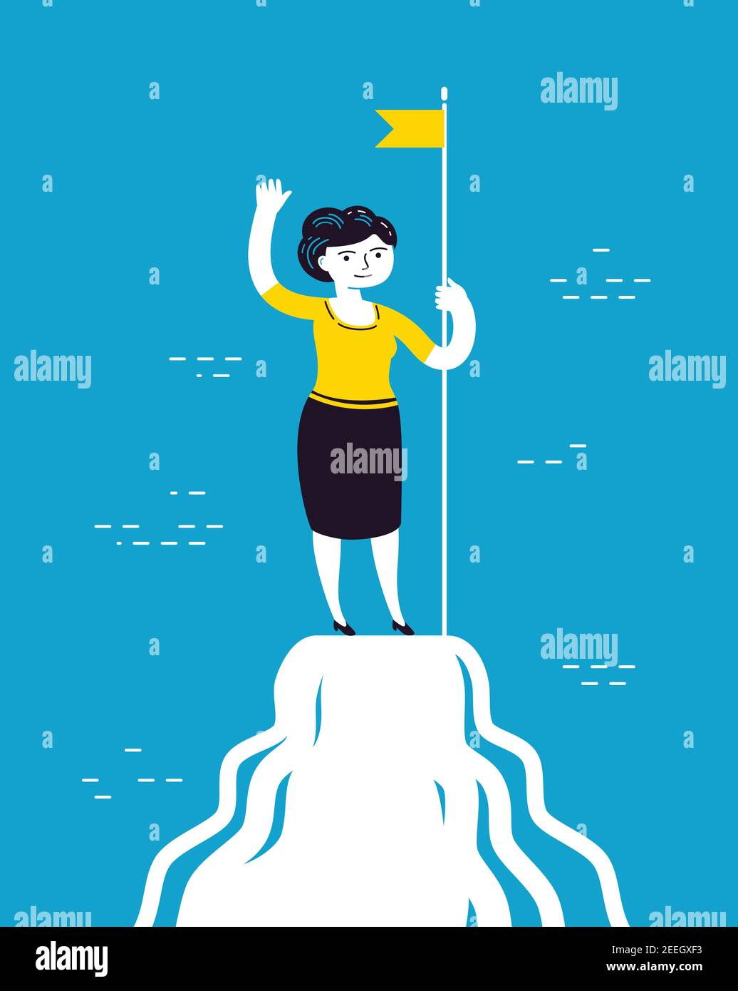 Geschäftsfrau, Frau mit Flagge auf dem Berggipfel. Vektordarstellung „Business Success Concept“ Stock Vektor