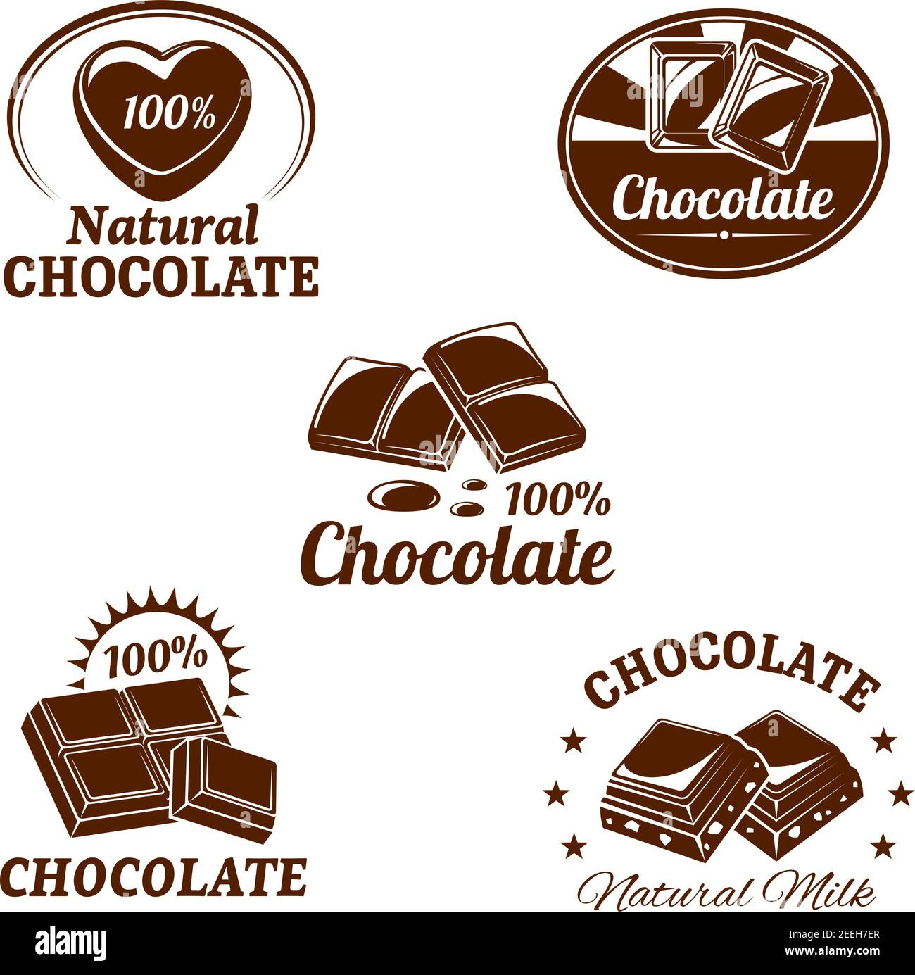Schokoladen-Dessert-Symbole Set aus Fondant und Schoko-Herzen für Süßwaren und Süßigkeiten Produktetiketten oder Verpackungsdesign-Vorlagen. Isolierte Symbole von mil Stock Vektor