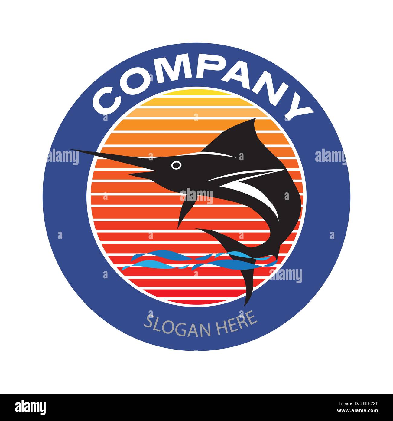 Blue Marlin mit Sonnenuntergang Hintergrund Logo. Schwert Fisch Fischerei Emblem für Business-und Sportverein. Vektor- und Illustrationsabzeichen im Vintage- oder Retro-Stil Stock Vektor