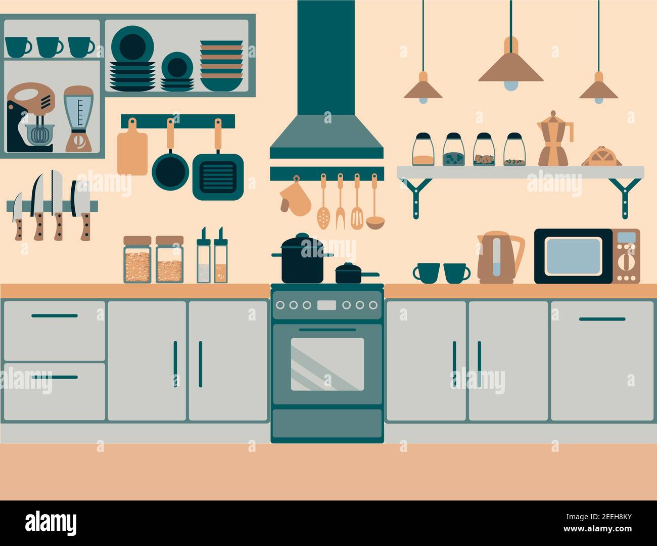 Bunte Küche flat Stil mit vielen Details innen grau Blau-beige-pink Stock Vektor