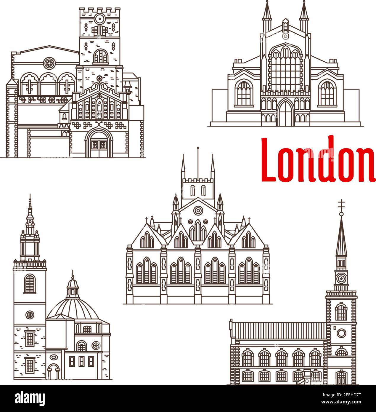 Wahrzeichen Londons und berühmte Architekturfassaden. Vektor isolierte Ikonen der Kirchen von St. James, St. John oder St. Bartholomäus der große, St. Stock Vektor Wahrzeichen Londons und berühmte Architekturfassaden. Vektor isolierte Ikonen der Kirchen von St. James, St. John oder St. Bartholomäus der große, St. Stock Vektor