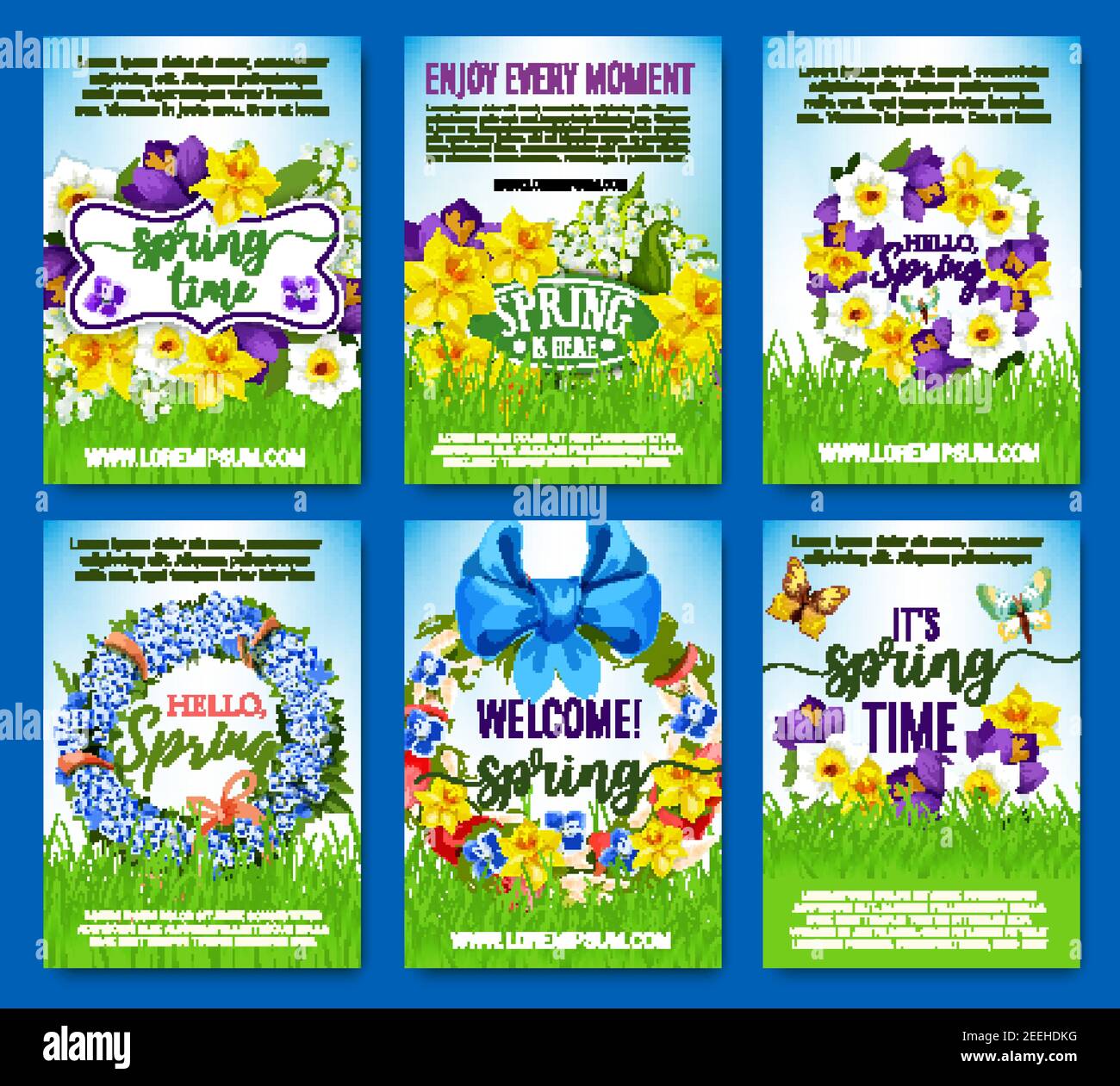 Grußposter im Frühling. Vektor-Design von Frühlingsblumen, Blumenkranz und Blumensträuße für Frühlingsferien. Blühende Tulpen oder Iris, narcis narcis narcis Stock Vektor