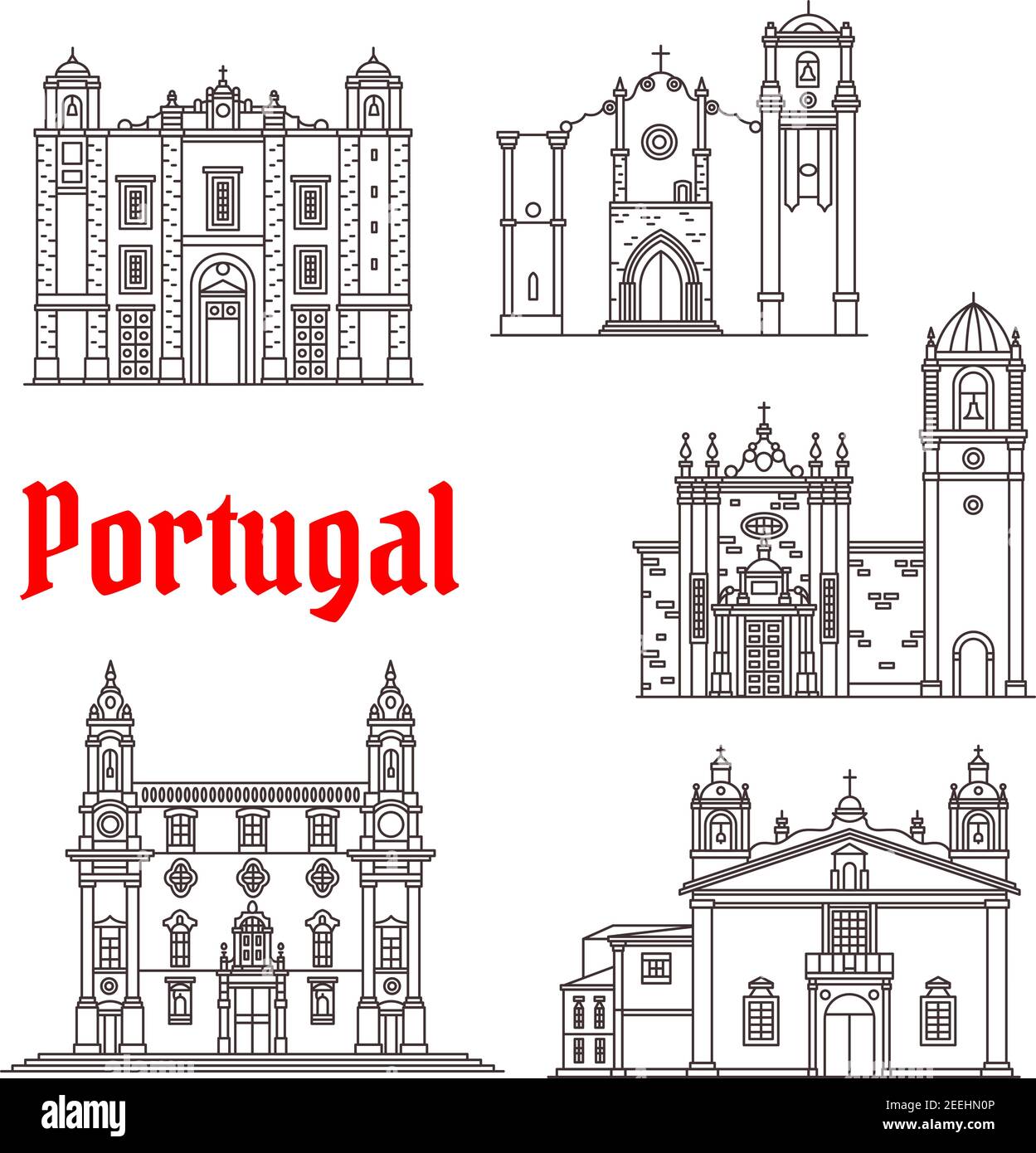 Portugal Wahrzeichen und Portugiesisch berühmte Architektur Gebäude. Vektor isolierte Ikonen und Fassaden von Santo Antonio und San Antao Kirche, Carmo Tempel Stock Vektor