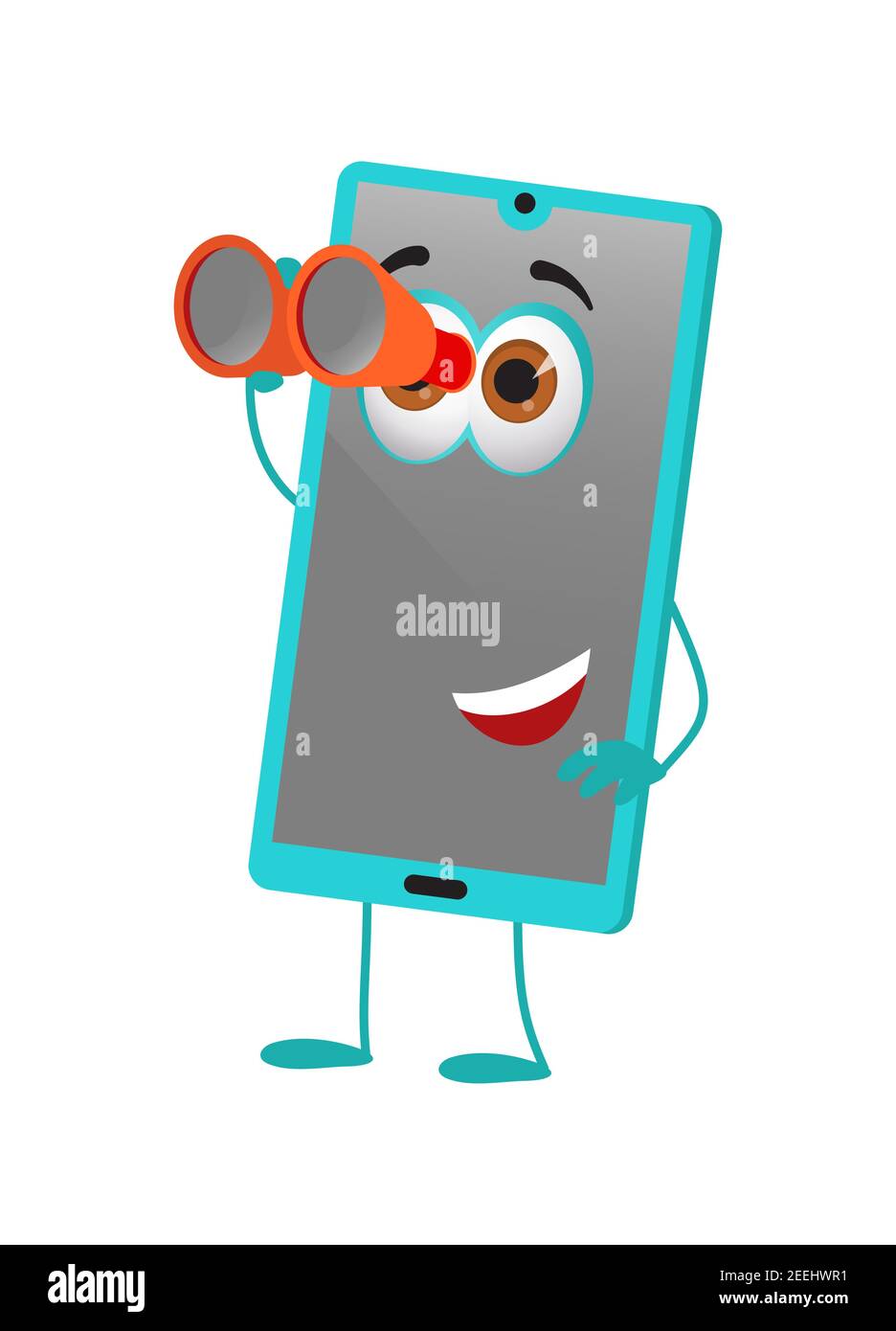 Funny travel Objects Kollektion: Funny Smart Phone mit Fernglas auf weißem Hintergrund, flache Design-Vektor-Illustration Stock Vektor