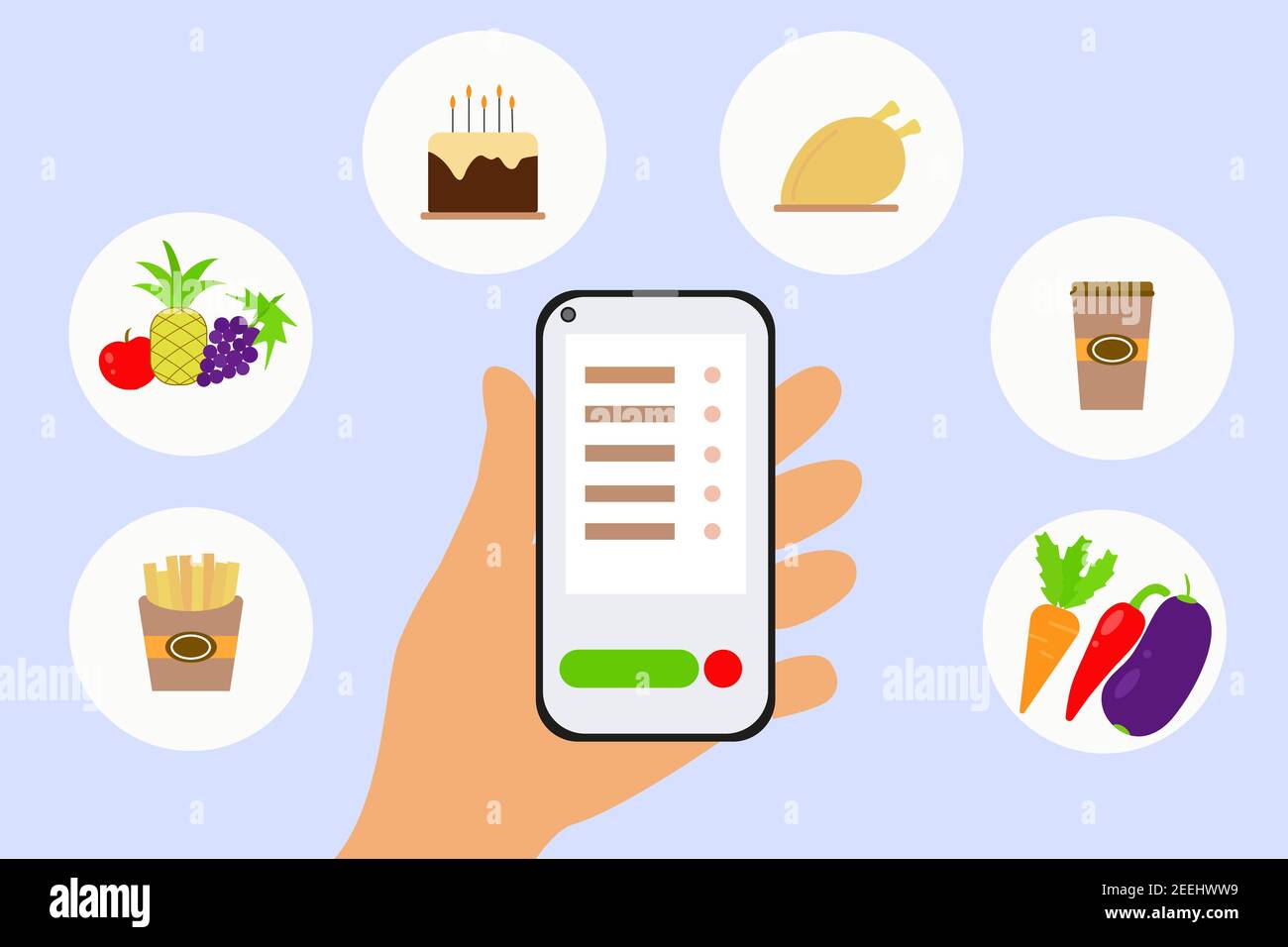 Bestellung von Waren über die Anwendung. Vector, Hand mit einem Telefon, Bestellung von Waren im Internet. Vielfältiges Essen, kontaktloses Einkaufen. Konzept, flach i Stock Vektor