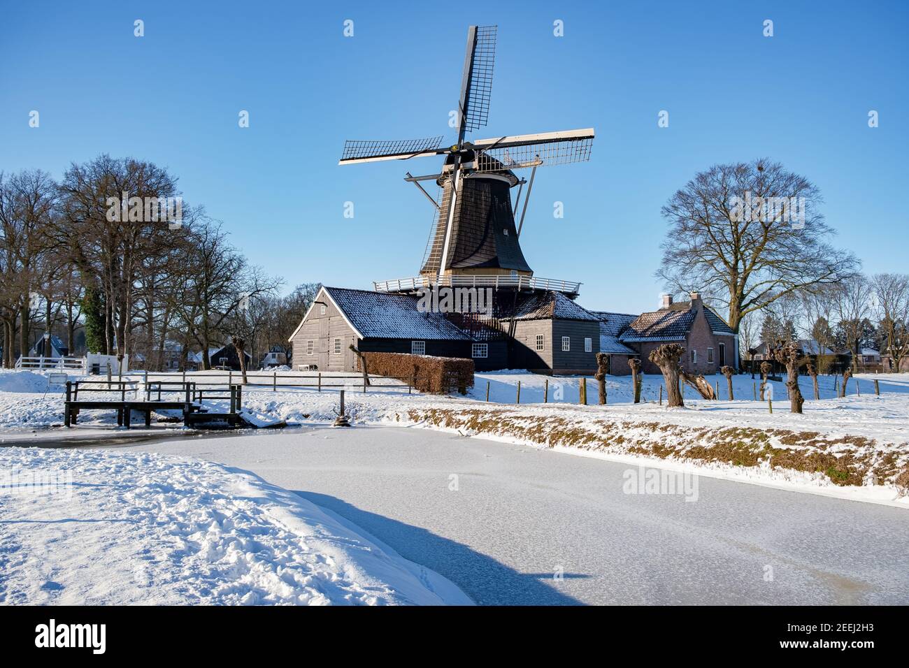 Pelmolen Ter Horst, Rijssen bedeckt von verschneiten Landschaften in Overijssel Niederlande, historische Windmühle im Winter mit weißer Landschaft. Alte Holzwindmühle in Holland Stockfoto