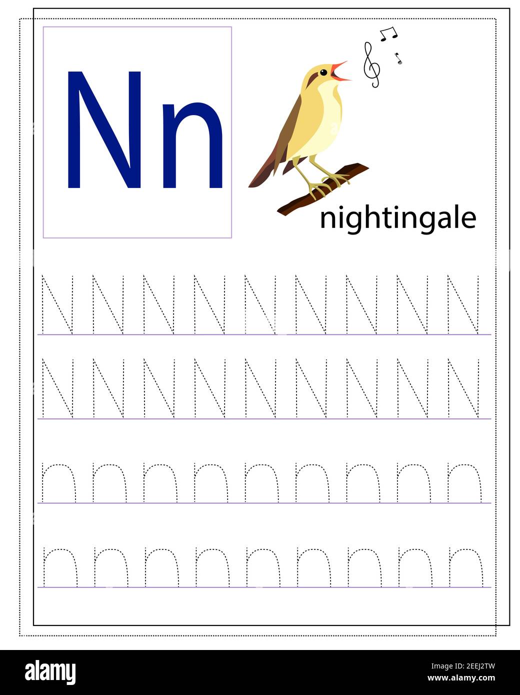 Ein Arbeitsblatt für Kinder mit dem Buchstaben N zum Erlernen des englischen Alphabets. Stock Vektor