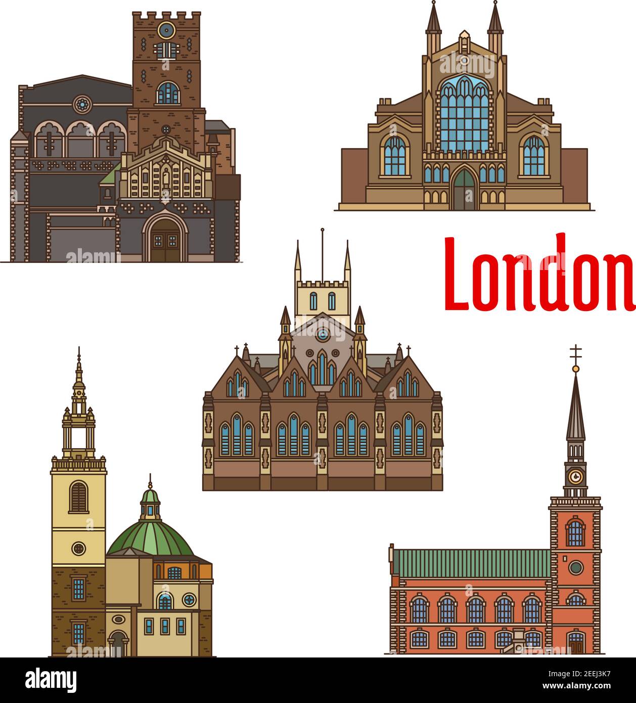 London Reise Wahrzeichen der britischen religiösen Architektur dünne Linie Ikone gesetzt. Anglikanische St. James Kirche, St. Johns Kirche, Priory Church of St. Bartholome Stock Vektor