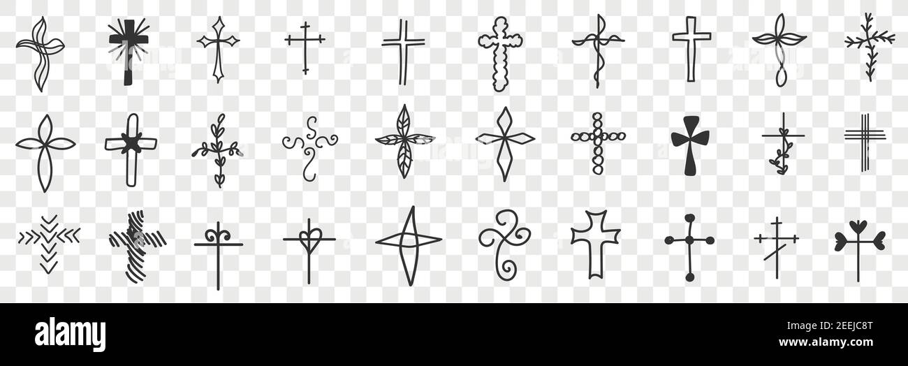 Kreuze verschiedener Formen Doodle Set. Sammlung von handgezeichneten religiösen und dekorativen Kreuz von verschiedenen Seelen und Formen isoliert auf transparentem Hintergrund Stock Vektor