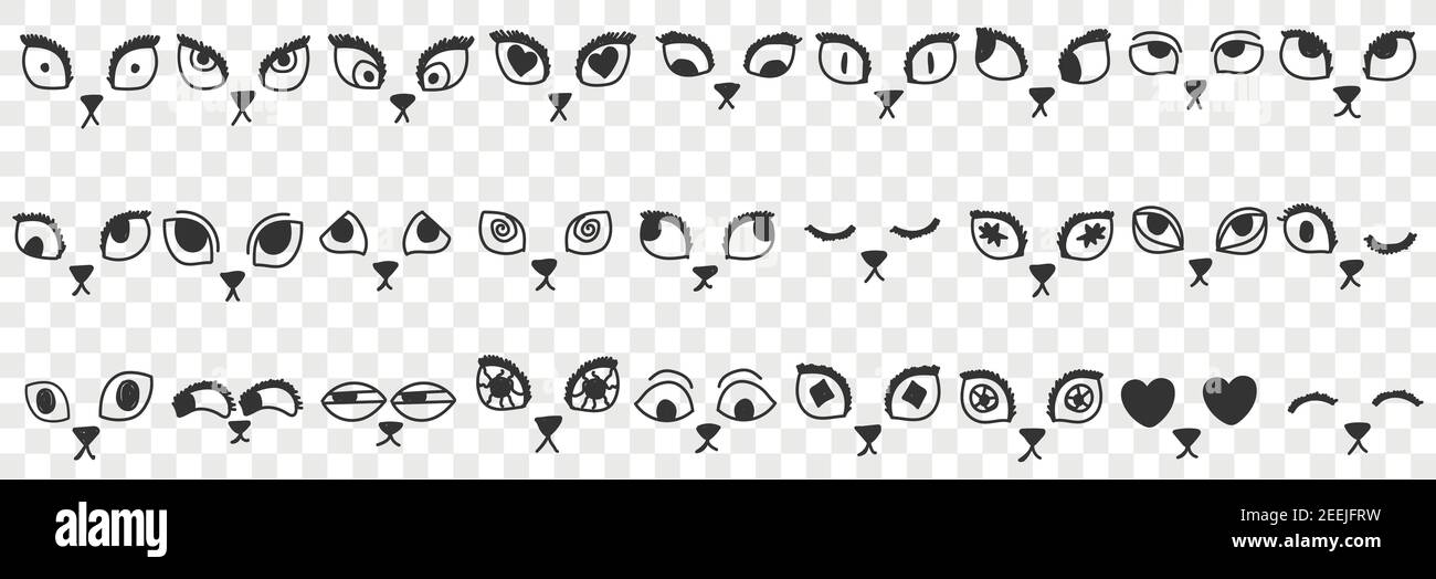 Katzen Augen und Nasen Doodle Set. Sammlung von Hand gezeichnet niedlichen lustigen Augen Nase Mund Gesichter von Katzen Kätzchen in Skizze Weise isoliert auf transparentem Hintergrund Stock Vektor