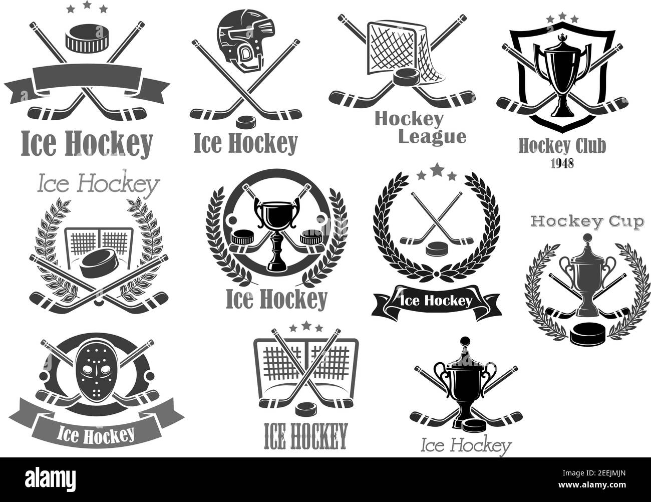 Eishockey-Club-Ikonen für Championship-Turnier-Preis eingestellt. Vector Puck und Hockeyschläger, Torwartmaske oder Schutzhelm. Symbole des Sieges Tasse oder ch Stock Vektor
