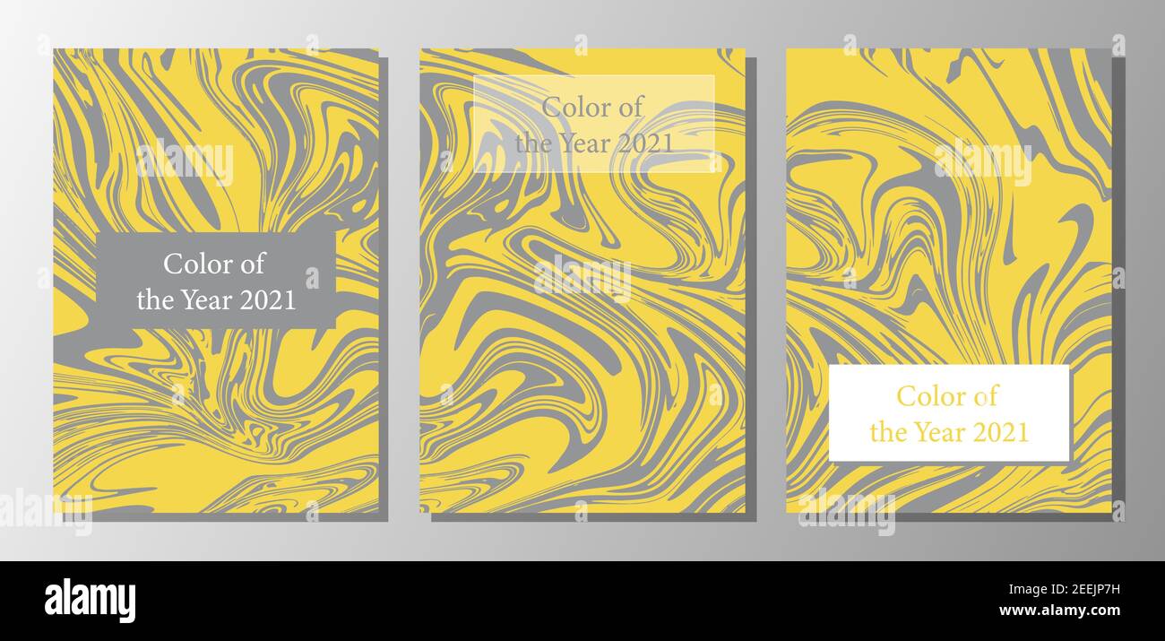 Trendfarben des Jahres 2021. Grau, Gelb, Ultimate Grey und Illuminating. Set von 3 modernen flüssigen Hintergrund. Design für Cover, Karten, Post Stock Vektor