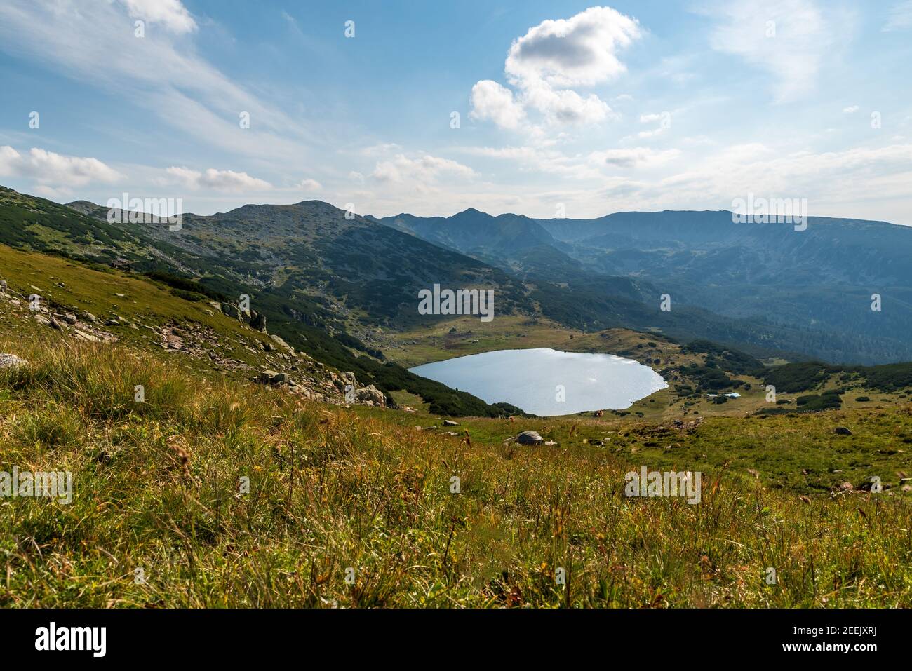 Retezat Berge mit Gipfeln und Zanoaga See in Rumänien während Schöner Sommertag Stockfoto
