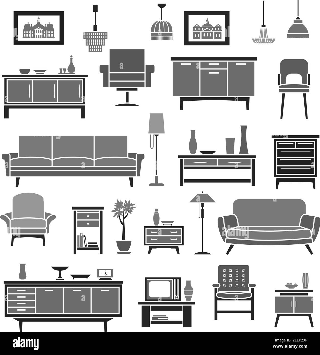 Möbelstücke. Sofa und Sessel, Kommode oder Kleiderschrank und Tisch. Vector Set von Stuhl, Stehlampe oder Blumenvase und Wanduhr, Bild oder Foto fram Stock Vektor