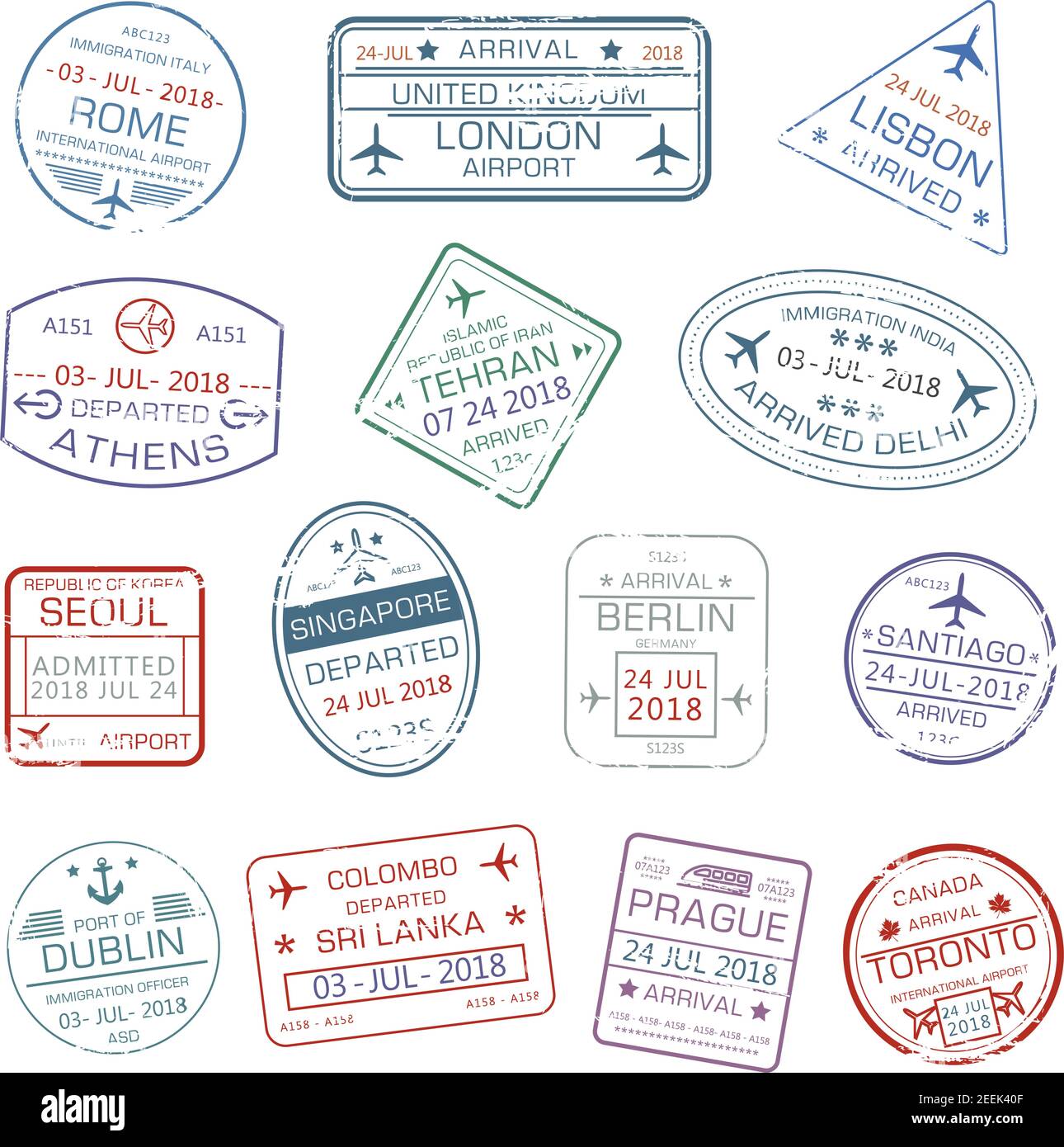 Passstempel mit den Stadtnamen Rom Italien, London oder Lissabon und Athen, Teheran oder Delhi und Seoul, Singapur, Berlin Deutschland und Dublin, Colombo Stock Vektor