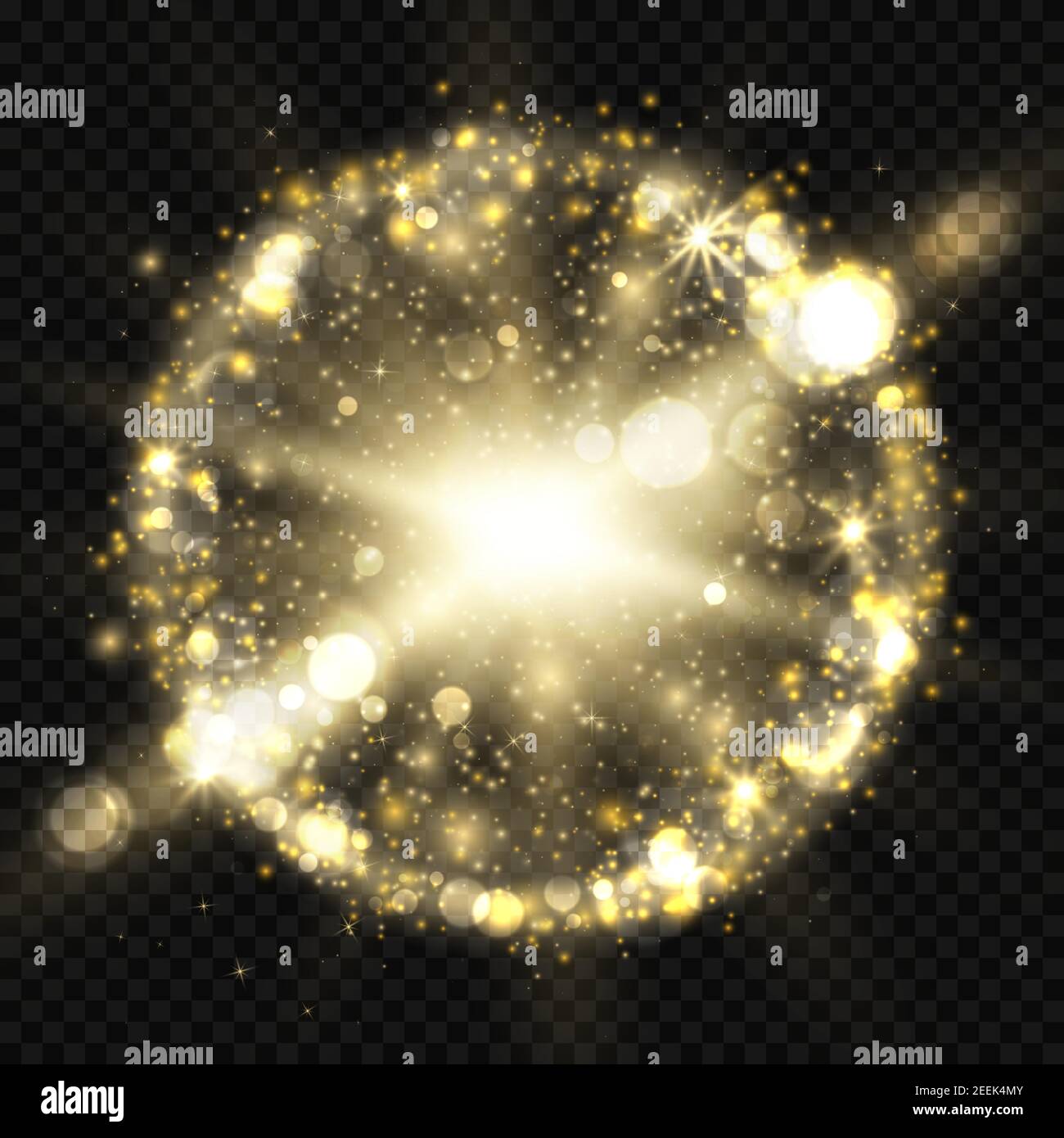 Sternplatzen mit Funkeln, Bokeh und rundem glänzenden Rahmen. Goldenes Lichteffekt mit Sternen, Glitzer und Glitzer isoliert auf transparentem Hintergrund Stock Vektor