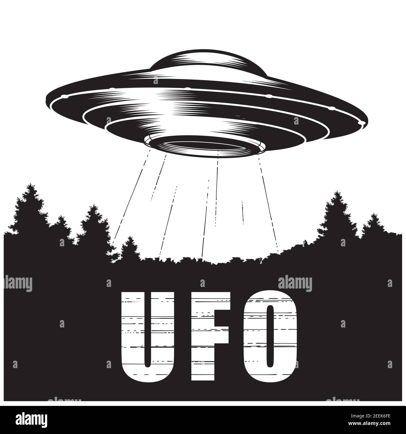 UFO über Wald, außerirdisches Raumschiff mit Lichtstrahl, außerirdische fliegende Untertasse, ufo-Scheibe, Vektor Stock Vektor