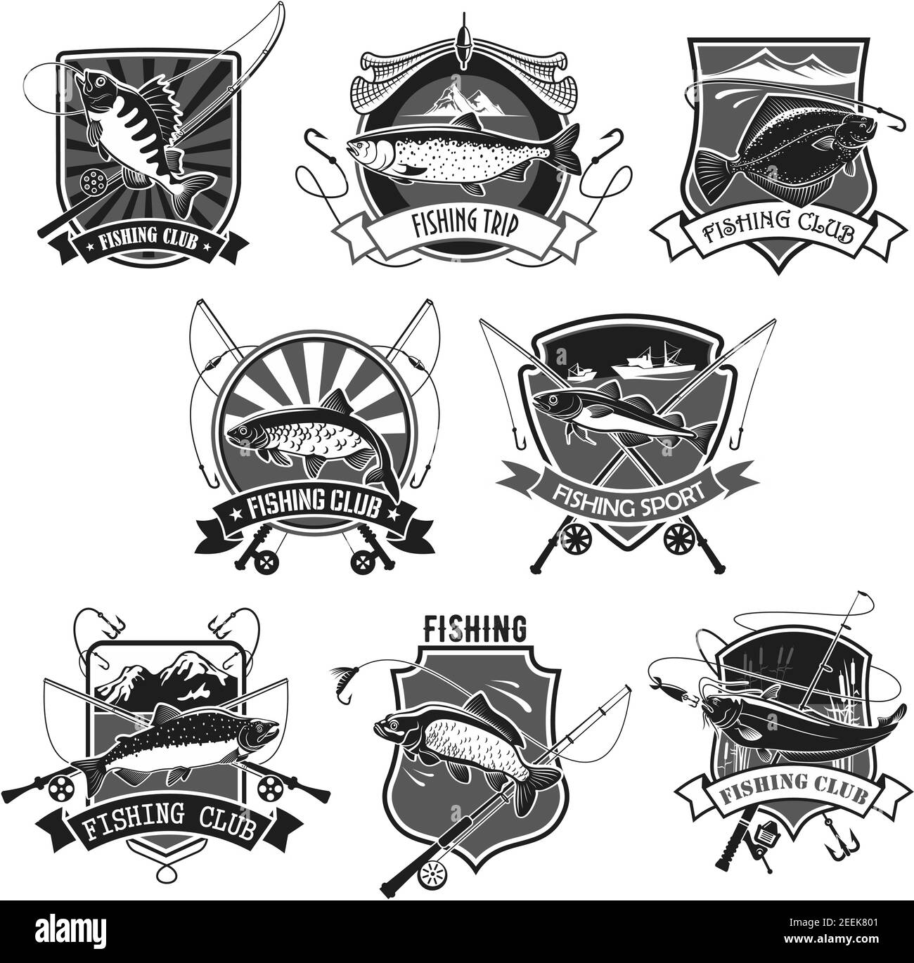 Angelverein oder Fischer Sport Symbole Set von großen Thunfisch Fisch fangen, Lachs oder Forelle und Angelrute Köder oder Köder, Fischernetz und Flunder oder pik Stock Vektor