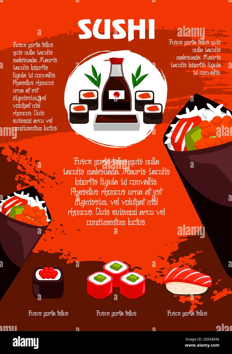 Sushi-Poster-Vorlage für japanisches Restaurant oder Speisekarte. Vector Design Sushi-Rollen, Meeresfrüchte Nudeln oder Kaviar unagi auf gedämpftem Reis, Tempura shr Stock Vektor