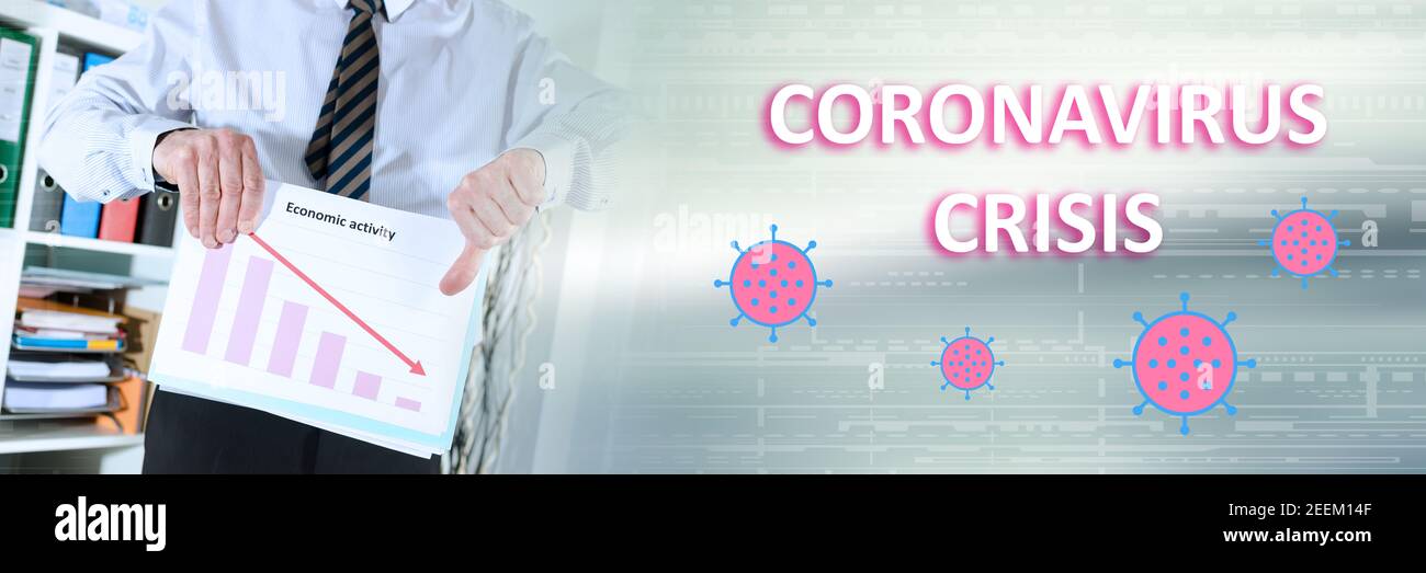Konzept der Coronavirus Wirtschaftskrise mit Geschäftsmann zeigt Rückgang der wirtschaftlichen Aktivität; Panorama-Banner Stockfoto