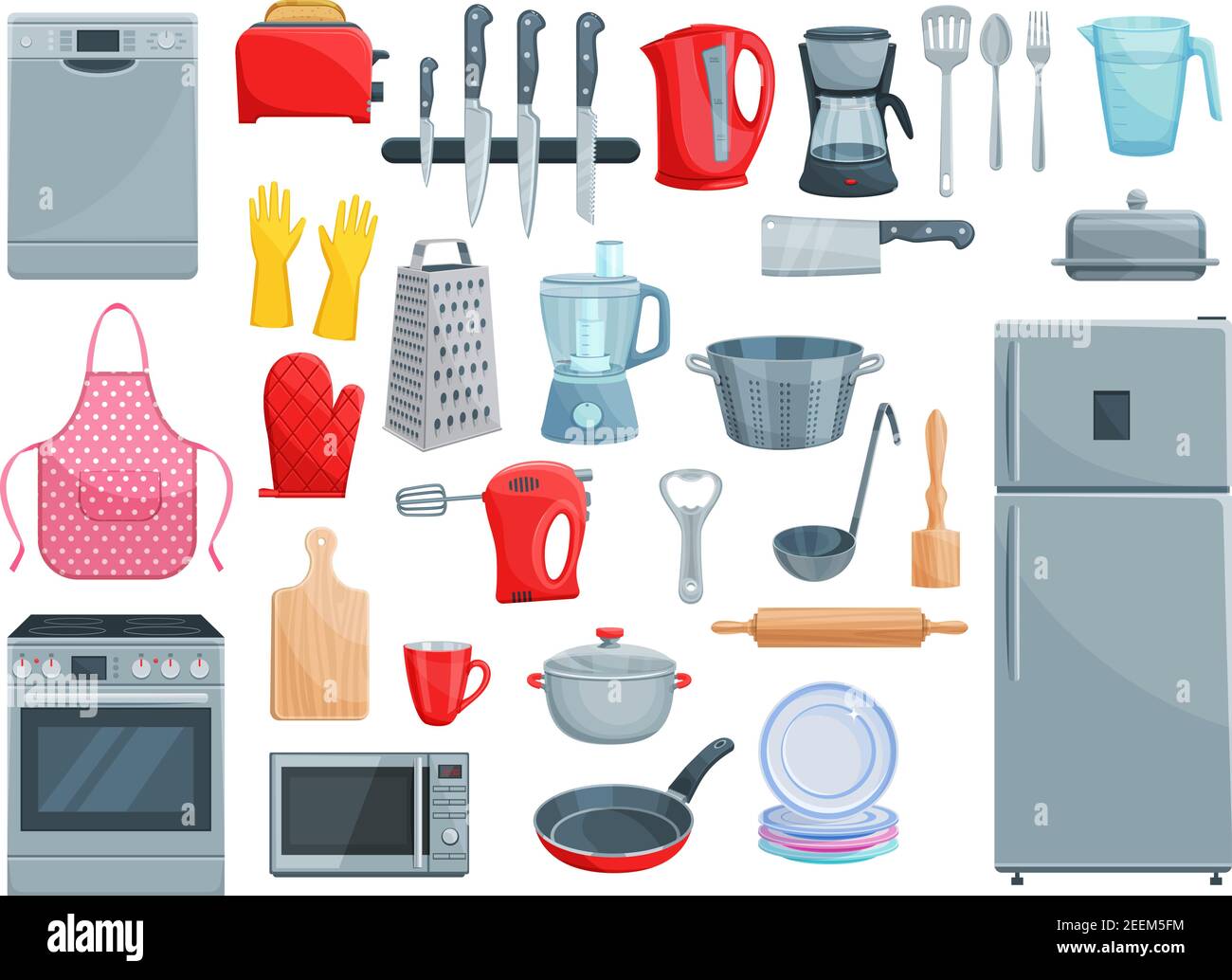 Symbole für Küchengeräte, Küchenutensilien und Haushaltsgeräte. Vector Set aus Kühlschrank, Geschirrspüler oder Mikrowelle und Mixer, Reibe oder Bratpfanne und s Stock Vektor