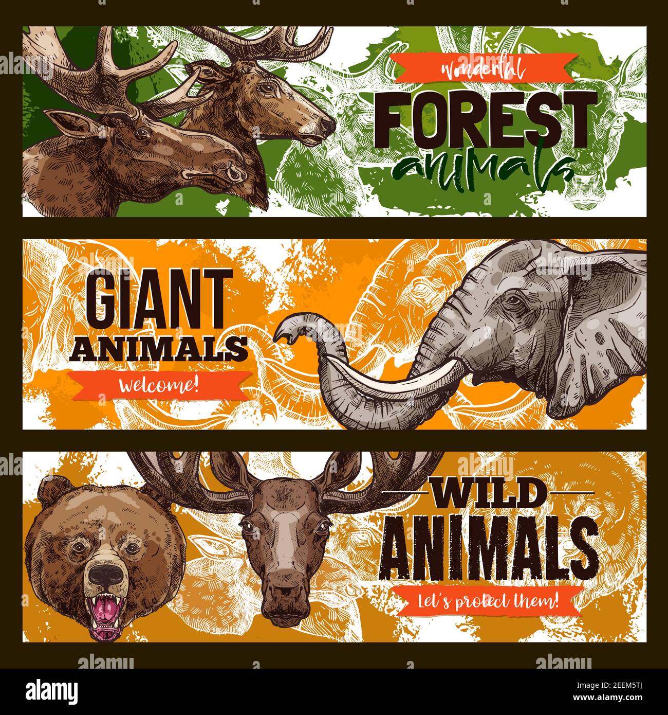 Banner für wilde Tiere. Vektor-Set von riesigen Wald und afrikanischen Tieren Grizzlybär, Elch oder Hirsch und Elefant für speichern und Wildschutz oder Wel Stock Vektor