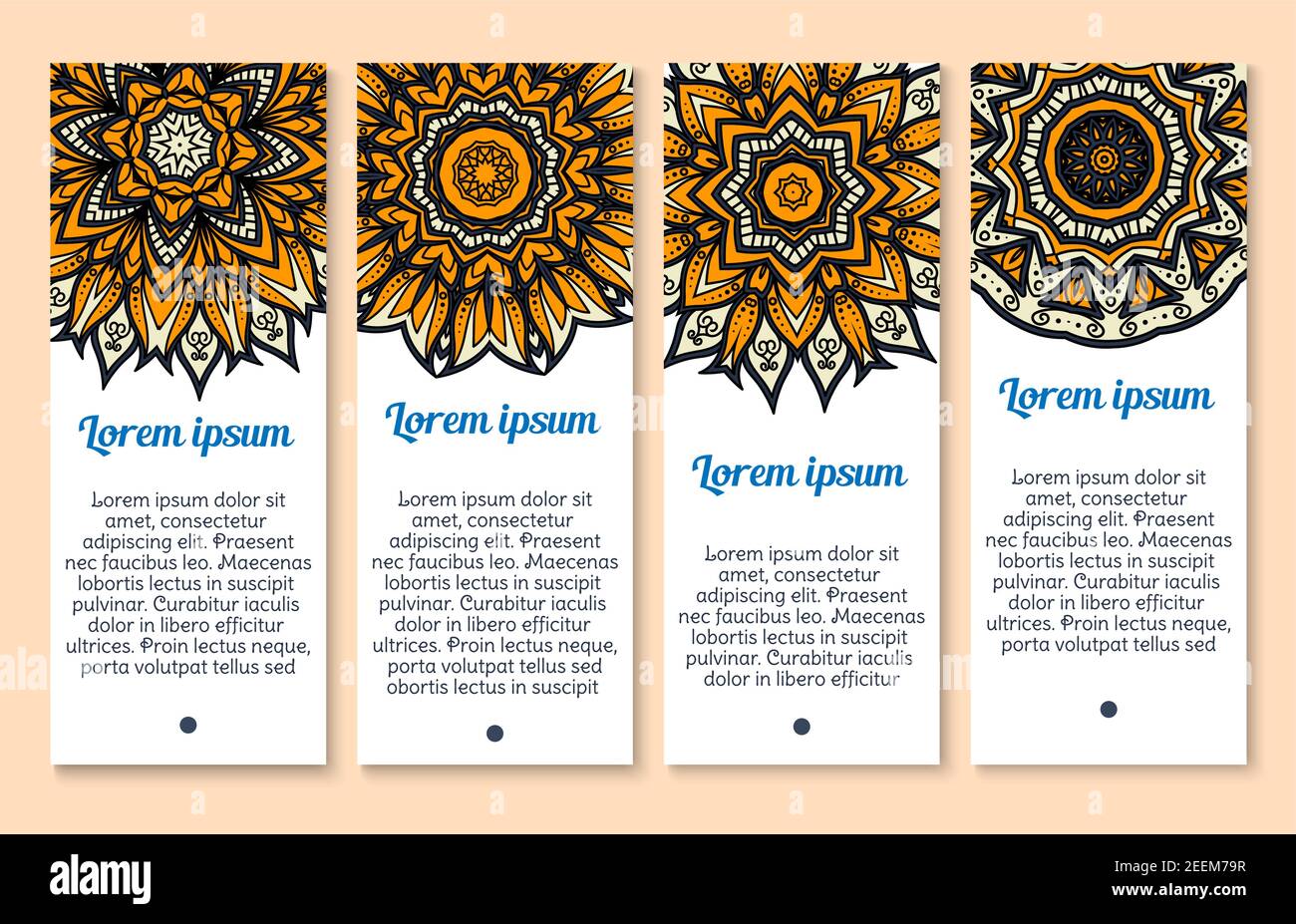 Paisley Blume Banner Vorlage Set. Indische Mandala Ornament von gelb und grau floralen Kreis Muster mit Blütenblatt und wirbelnden Linien für Unternehmen Stock Vektor