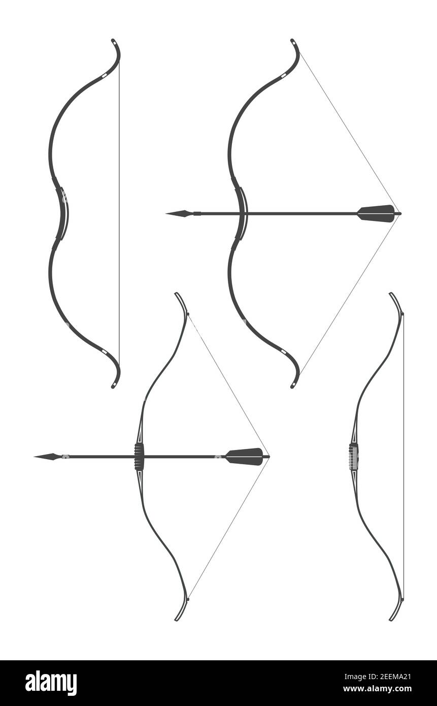 Bogen mit gezeichneter Bogenschnur und Pfeil, Bogenschießen, Silhouetten von Vintage-Bögen und Pfeile isoliert auf weißem Hintergrund, Vektor Stock Vektor