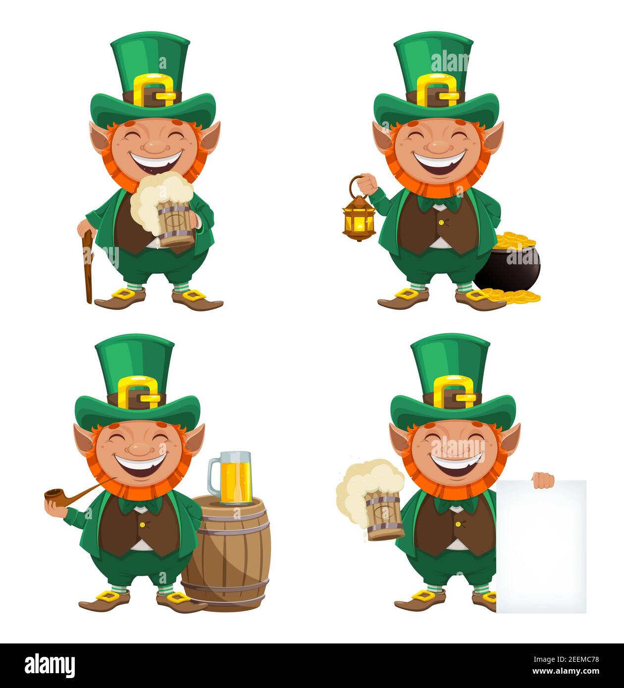 Stock Vektor Kobold. Glückwunschkarte zum St. Patrick's Day. Fröhliche Kobold Zeichentrickfigur, Satz von vier Posen Stock Vektor