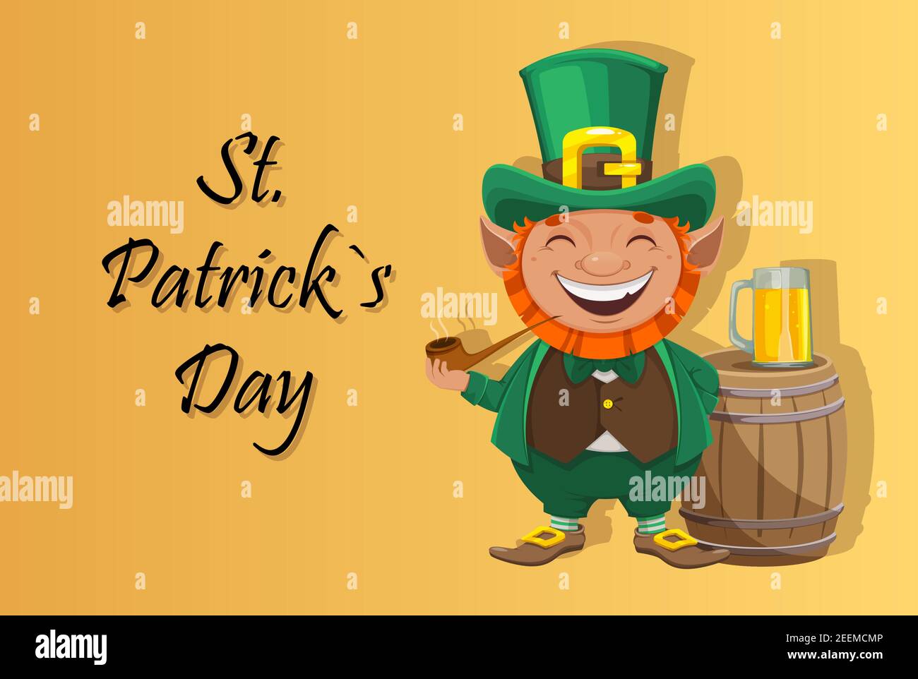 Stock Vektor Kobold. Glückwunschkarte zum St. Patrick's Day. Fröhliche Kobold Zeichentrickfigur mit rauchenden Pfeife und Bier Stock Vektor