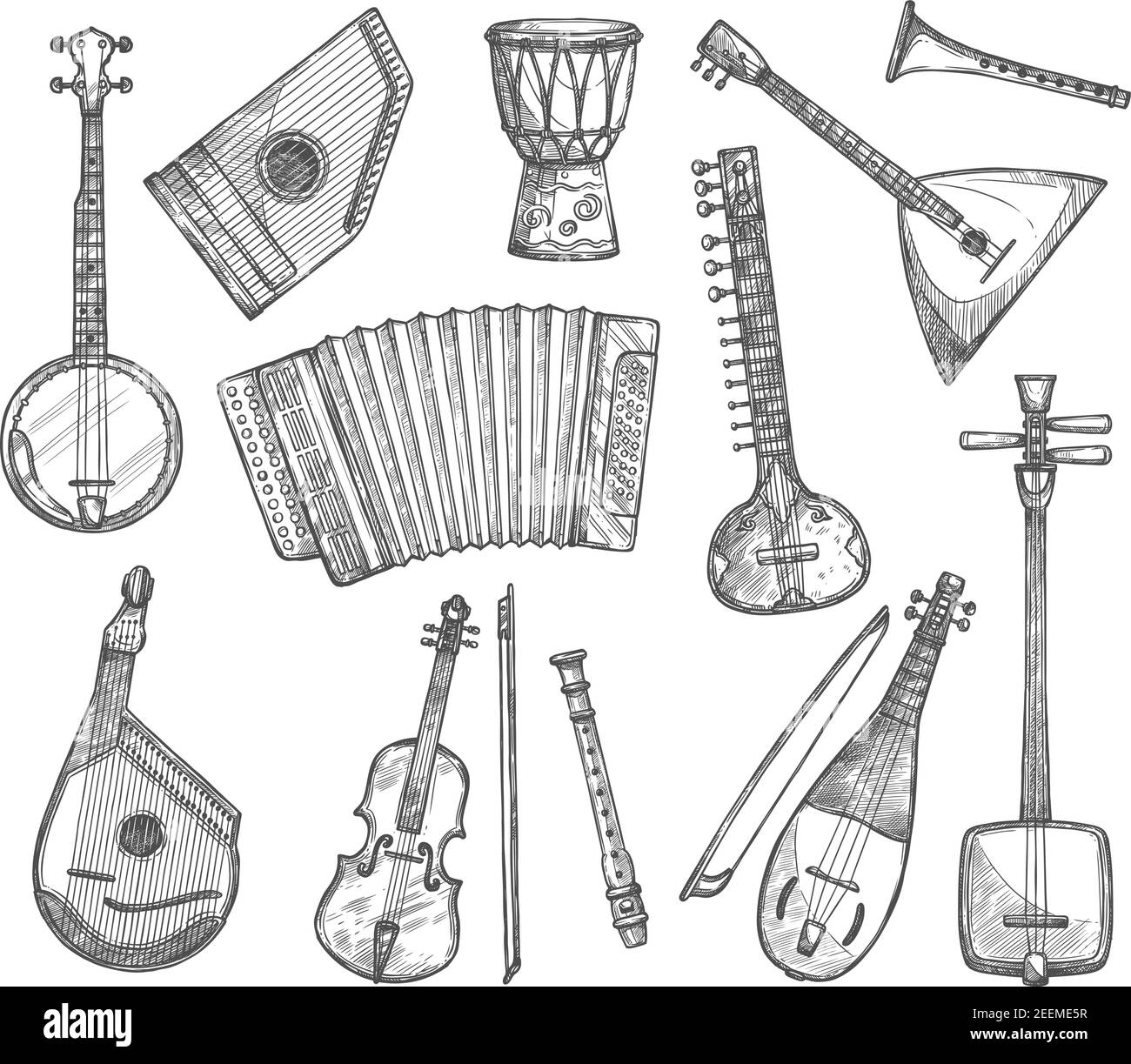 Musikinstrumente Vektor Skizzen Symbole. Vector isolierte Banjo-Gitarre, ethnische Jembe Ledertrommel, Balalaika Zither und Bouzuki, Geige Geige oder Flöte Stock Vektor