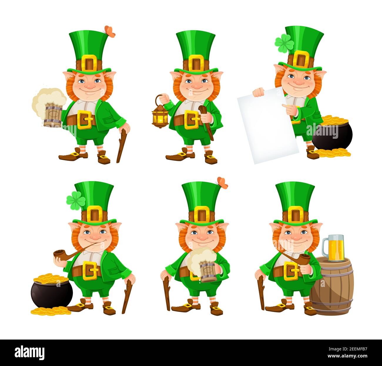 Stock Vektor Kobold. Alles gute zum St. Patrick's Day. Fröhliche Kobold Zeichentrickfigur, Satz von sechs Posen Stock Vektor