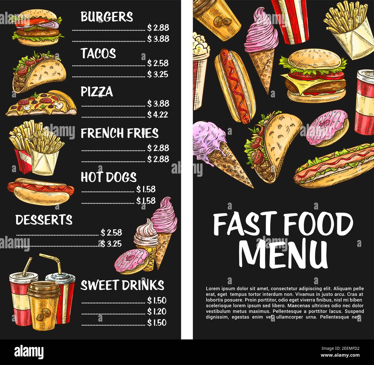 Fastfood-Menüvorlage. Vector Preis Set für Fastfood Mahlzeiten und Burger Sandwiches, Pizza oder Hot Dog und Popcorn oder Schokolade Eis Desserts, fren Stock Vektor