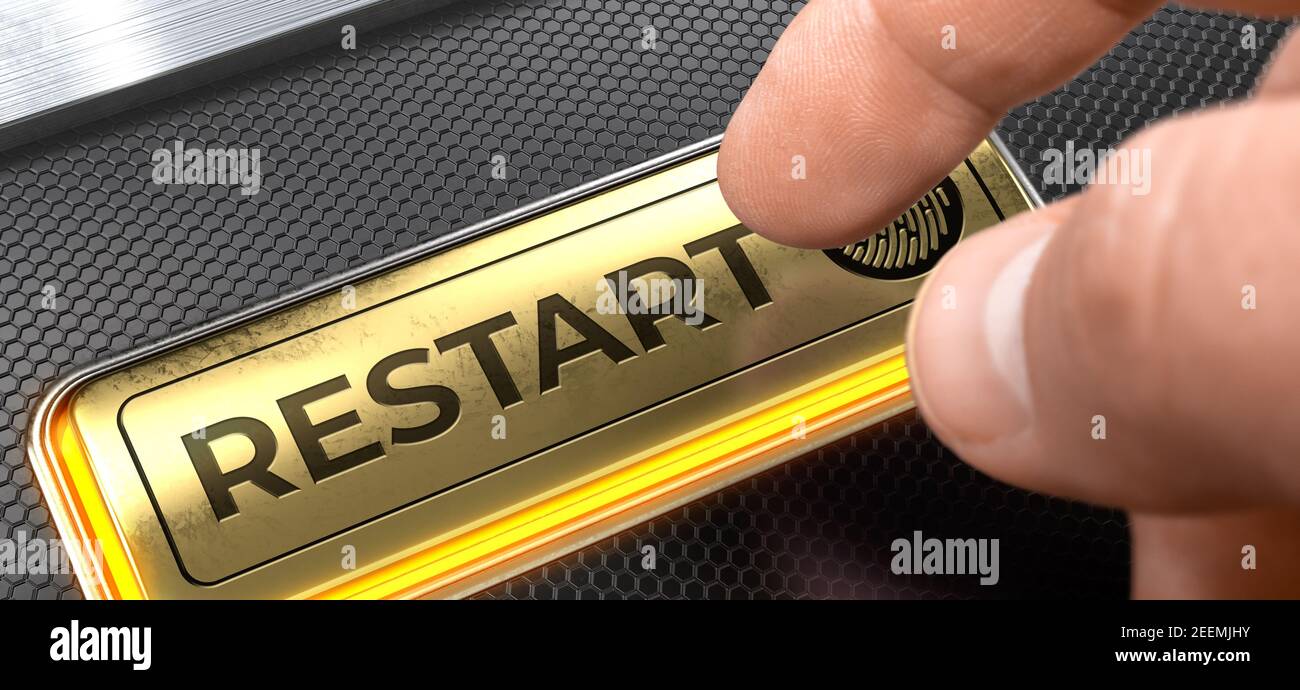 Starten Sie den Computer neu, der auf der goldenen Taste der Schnittstellentastatur geschrieben ist. 3D Abbildung. Stockfoto